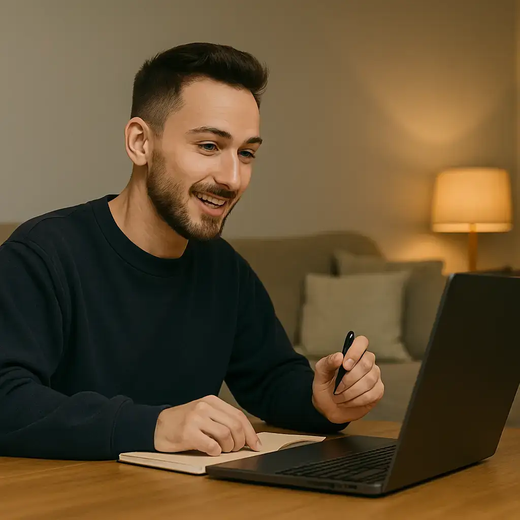 Junger Mann bei der Online-Anfrage für ein Zinsangebot in gemütlicher Wohnatmosphäre